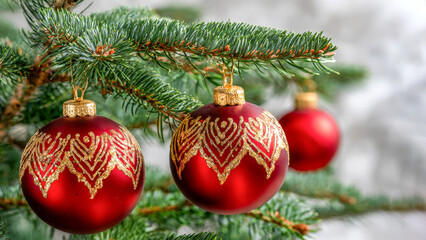 Obraz premium Bright red ornaments hang gracefully from a lush green Christmas tree, creating a festive atmosphere perfect for celebration during the holiday season