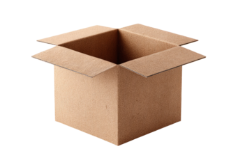 Open cardboard box, light beige color, square shape, simple design, empty interior, studio shot against black background