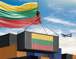 Lithuania Trade and Transport: A crane lifts a shipping container adorned with the vibrant colors of the Lithuanian flag against a backdrop of stacked containers and a sky dotted with a plane.