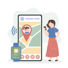 Kid girl walking on street. Monitoring whereabouts of kid. Phone screen with geolocation tracking app. Parental control and protection.