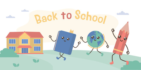 Back to school, ready to learn. funny characters going at school building. colorful school cartoon mascots - pencil, globe, textbook
