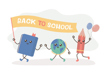 Back to school, ready to learn. funny characters going at school. colorful school cartoon mascots - pencil, globe, textbook.