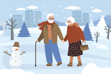 Lovely senior couple enjoying the walking. Old man and old woman going for walk in winter park or forest. Funny snowman and aged people. Flat design,