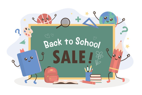 Back to school, season sale. funny characters with school items. colorful school cartoon mascots - pencil, globe, textbook. Promotion campaign, discount
