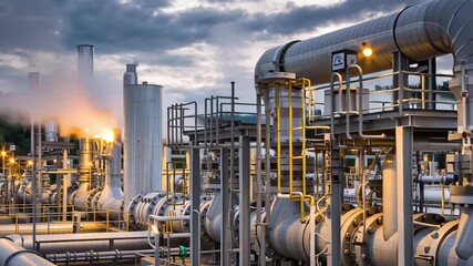 Industrial gas plant pipeline system releasing methane emissions pollution affecting environment under cloudy sky with large pipes machinery steam