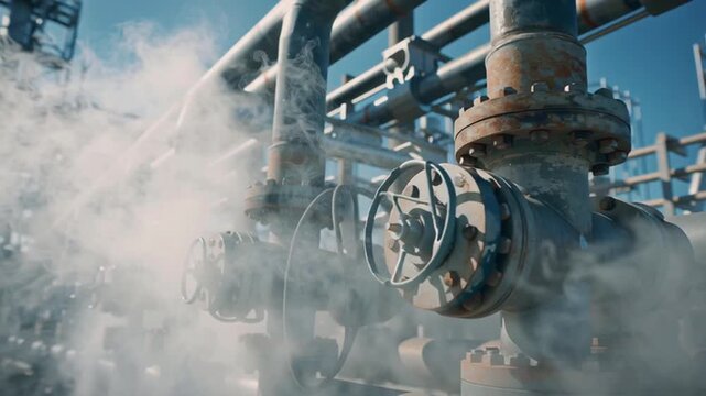 Industrial valve on metal pipeline releasing steam and methane emissions creating misty atmospheric effect in outdoor industrial machinery environment