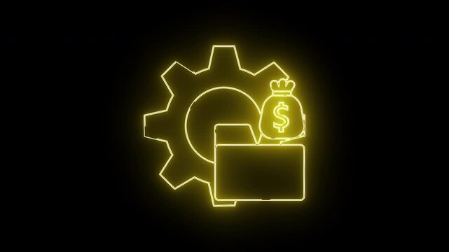 Yellow neon gear open folder money bag with  symbol against black