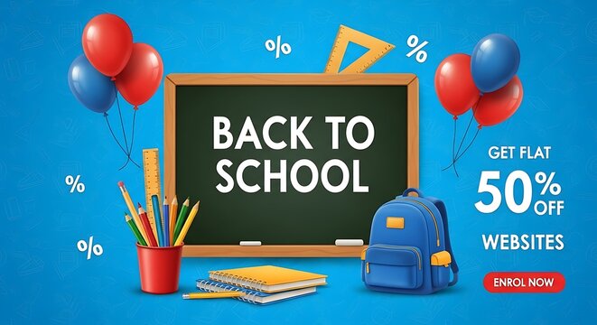 Back to school sale promotion with supplies on blue background