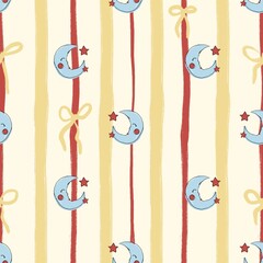 Cartoon Moon and bow Seamless Pattern, Hand Drawn Baby Nursery Design