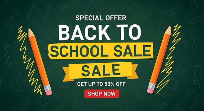 Back to school sale with pencils and green board design backdrop