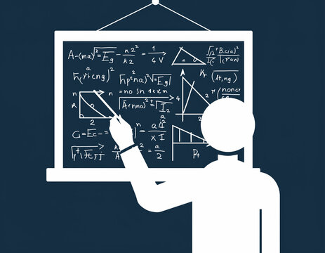 illustration of a math teacher holding a chalk and writing formulas
