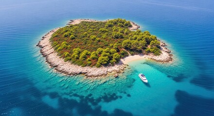 Stunning aerial view of a secluded green island with a pristine sandy beach and a luxury motorboat anchored in the crystal-clear turquoise ocean