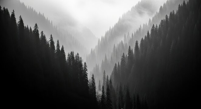 Serene and mysterious black and white panoramic view of a dense pine forest on mountain slopes, with atmospheric fog creating layers and a sense of depth