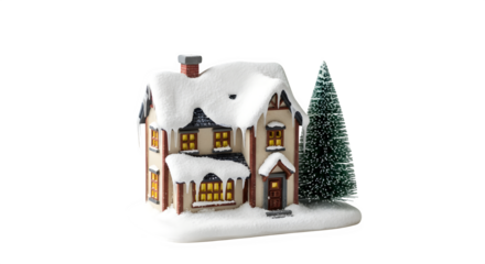 A charming christmas village house covered in snow, complete with a miniature christmas tree, isolated on transparent background, creating a cozy and nostalgic holiday scene