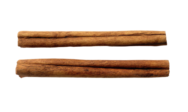 Two cinnamon sticks, slightly angled, lie horizontally.  Their  brown surface shows  a  slightly textured,  rough  grain