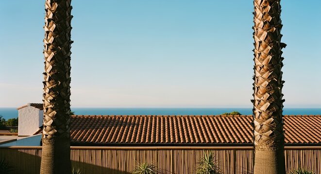 Symmetrical view of a serene coastal villa with two palm trees framing a terracotta tiled roof and the calm blue ocean under a clear sky on a sunny summer day