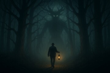 Fototapeta premium Man with Lantern Faces Shadowy Forest Monster in Foggy Woods