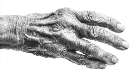 Fototapeta premium A solitary aged creased hand on a white background in grayscale