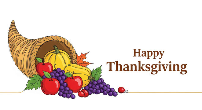 Horn of plenty overflowing with pumpkin, apple, and grape, expressing gratitude and abundance, associated with harvest celebration and holiday season