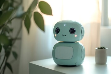 Pastel green personal assistant robot with a friendly expression on a table, representing futuristic technology and smart living