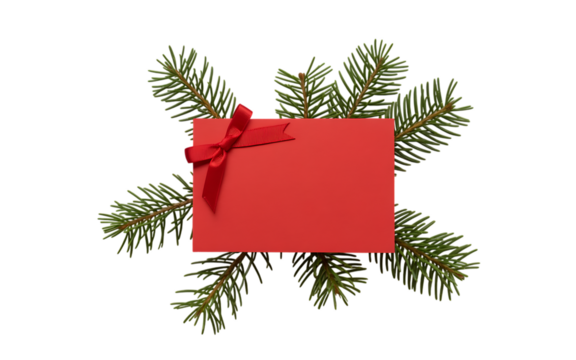 Festive red card with ribbon on evergreen boughs for holiday greetings - Powered by Adobe