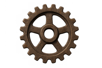 Rusty metal gear on transparent background illustrating industrial engineering, mechanical parts, and steampunk concepts