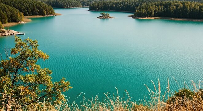 A breathtaking high-angle view of a serene turquoise lake surrounded by a dense evergreen forest with a small island in the center on a calm, sunny day