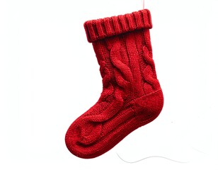 Cozy red knitted Christmas sock hanging decoratively.