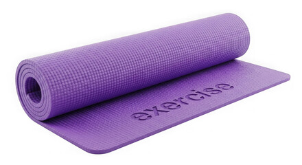Rolled Purple Yoga Mat With Exercise Text On Black Background