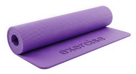 Rolled Purple Yoga Mat With Exercise Text On Black Background