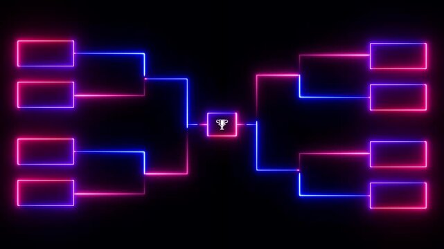 Animation of neon glowing team Tournament bracket templates isolated on black background. Championship bracket schedule for soccer, football, basketball, baseball or tennis.