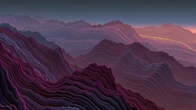 Abstract mountain landscape features layered textures and vibrant colors, capturing a gradual light transition, as the camera pans across the scene, revealing intricate details