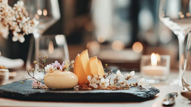 Gourmet mango dessert with coconut mousse and edible flowers on dark slate plate, elegant fine dining composition with soft candlelight and shallow depth