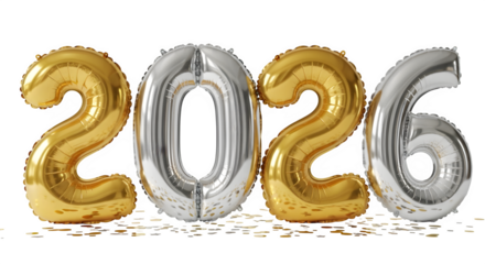 Celebrate the upcoming year 2026 with these festive gold and silver foil balloon numbers, perfect for new years eve parties and milestone celebrations, isolated on transparent background