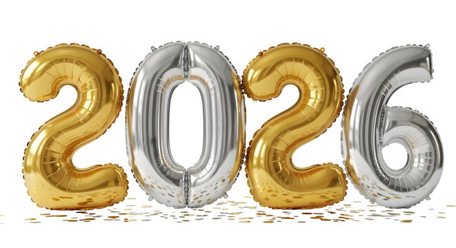 Celebrate the upcoming year 2026 with these festive gold and silver foil balloon numbers, perfect for new years eve parties and milestone celebrations, isolated on transparent background