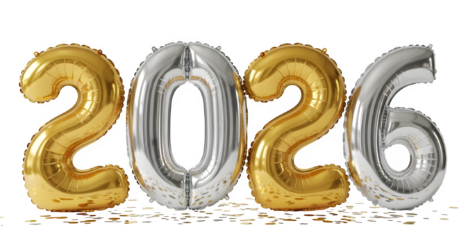 Celebrate the upcoming year 2026 with these festive gold and silver foil balloon numbers, perfect for new years eve parties and milestone celebrations, isolated on transparent background