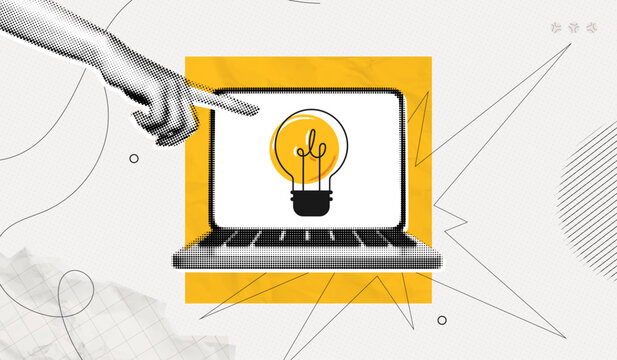 Trendy Halftone Collage Laptop and Hand with lightbulb. Creative mind or brainstorm. Online education and study. Business solutions. Think outside the box. Marketing time. Contemporary vector art