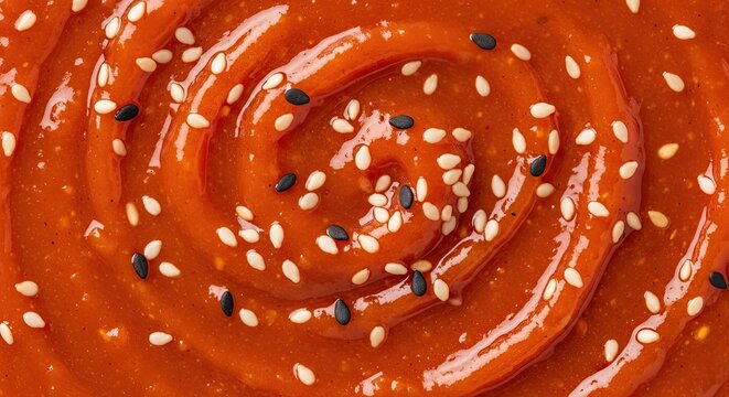 Appetizing close-up of a thick, glossy red condiment swirled into a spiral and topped with a mix of black and white sesame seeds, showcasing rich texture and flavor