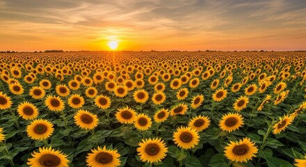 Fototapeta premium Golden Horizon A Vibrant Sunflower Field Bathed in the Warmth of the Setting Sun