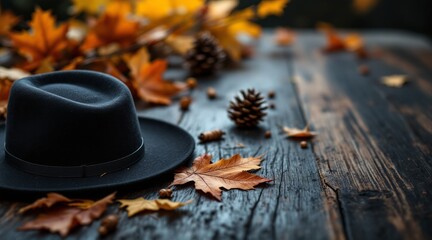 A black fedora hat sits on a rustic wooden table surrounded by autumn leaves and pine cones