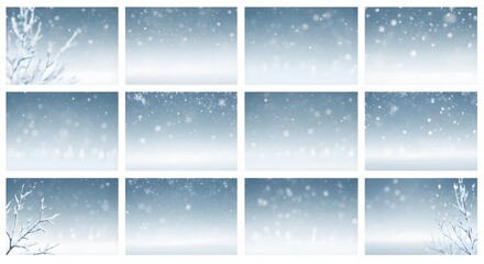 Winter snowfall pattern with frosty branches on blue background