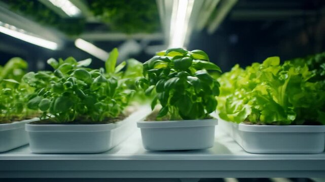 Fresh green plants growing in an advanced hydroponic indoor farm with bright artificial lighting modern agriculture vertical farming
