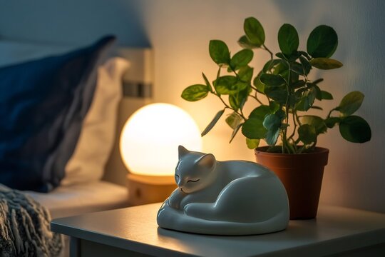 White ceramic cat figurine curled up sleeping on a nightstand, illuminated by a warm glow from a spherical table lamp