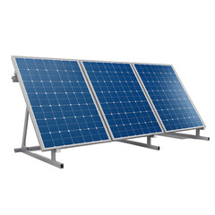 Three blue solar panels mounted on a metal frame isolated on transparent background