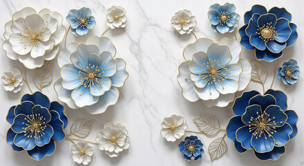 Luxurious Marble Background with 3D Sculpted Flowers, 3D Floral Wallpaper, 3D Wall Mural, 3D Floral Background.