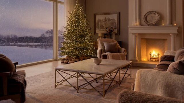Golden hour to night in luxury living room with snowfall outside window marble table center empty for text warm fireplace glow velvet and brass textures. Concept of elegant winter celebration