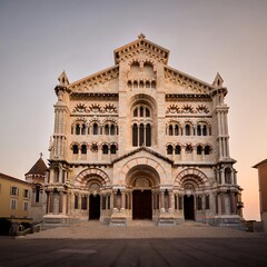 Fototapeta premium Ornate Stone Cathedral Facade With Arched Entrances and Tall Windows church architecture