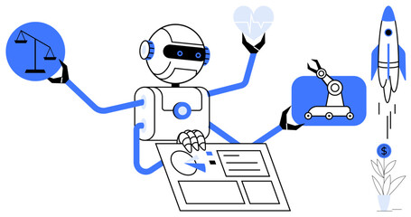 Robot using multiple arms to balance justice, technology, analytics, and innovation. Ideal for AI progress, automation, decision-making, tech balance futurism growth industry integration. Simple