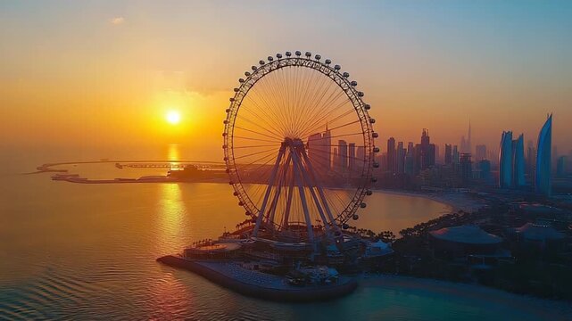 aerial drone footage of ain dubai ferris wheel at sunset video
