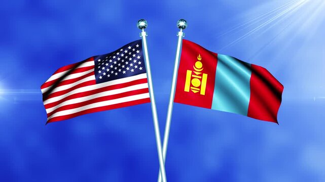 USA and Mongolia Flag Waving On Pole Loop